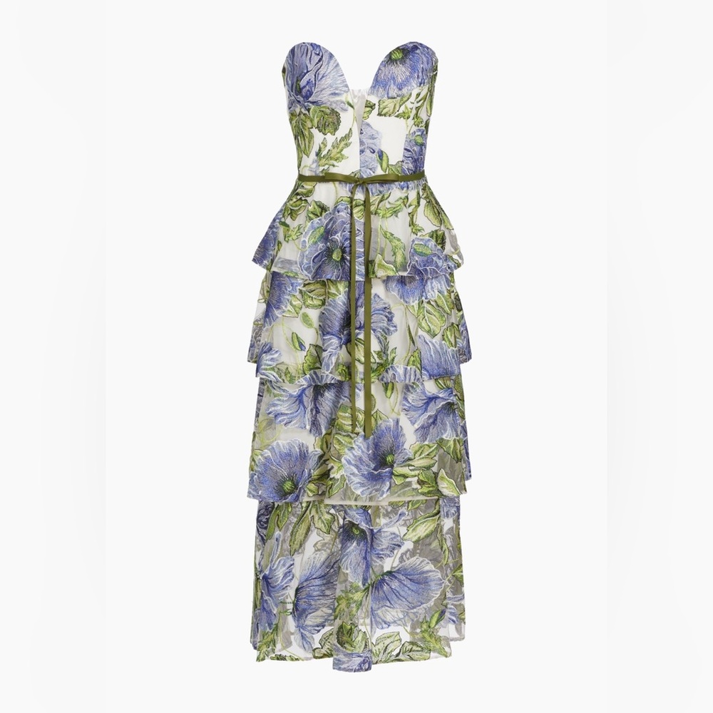 Brand New Marchesa Notte Embroidered Floral Midi Dress